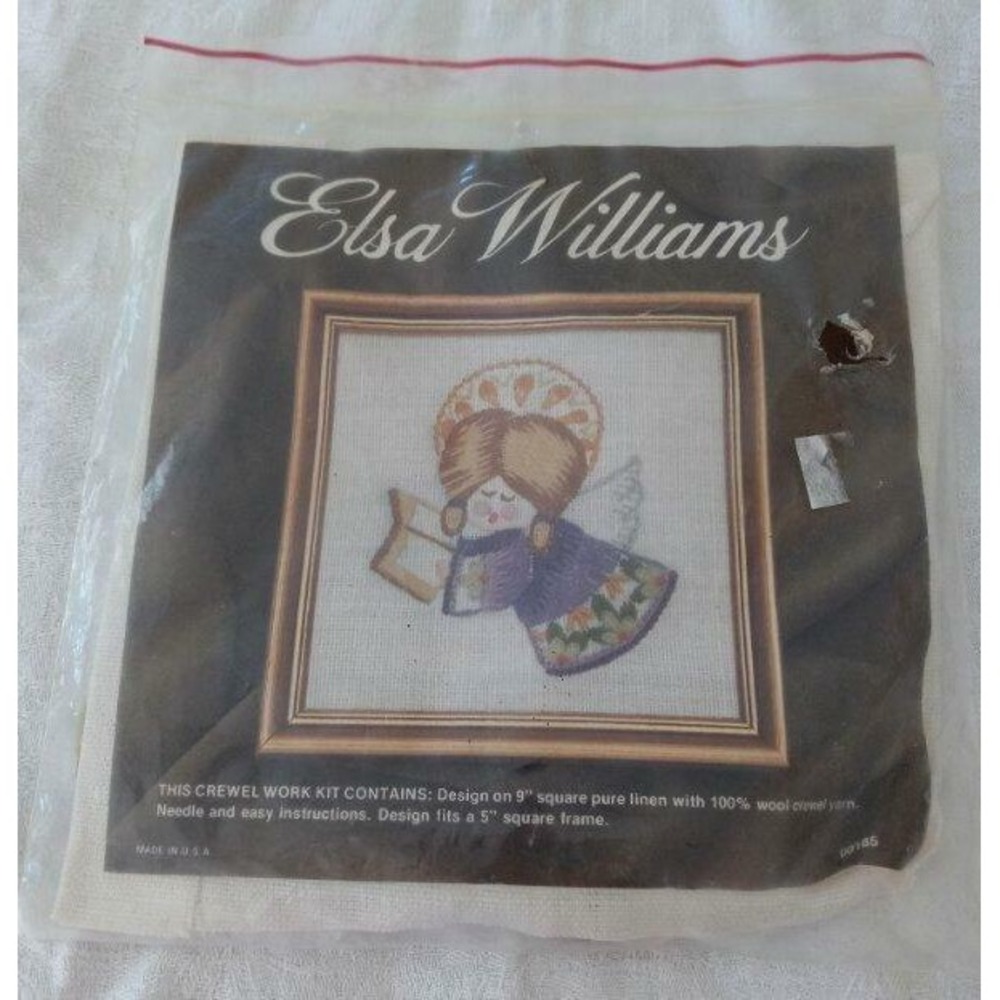 Vintage Elsa Williams Violet Angel Crewel Embroidery Kit Picture Panel Wool